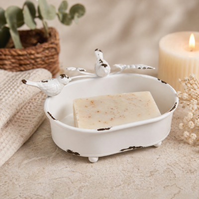 Jabonera de Hierro Blanca con Pajarito 13x6,5 cm | Estilo Vintage para Baño