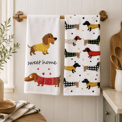 Set 2 Paños Cocina Perritos SWEET HOME Verde, Rojo y Amarillo