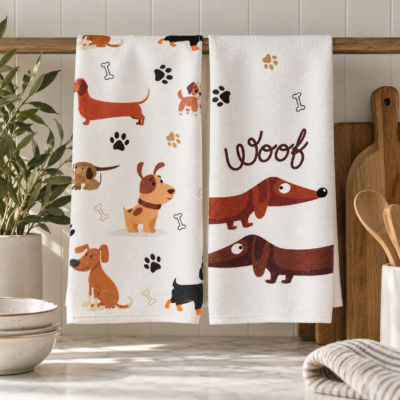 Set 2 Paños Cocina Perritos WOOF café