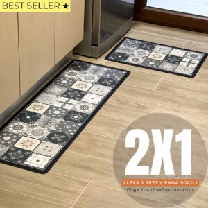 Set Alfombras de Cocina Mosaico Gris Antideslizante y Absorbente | Anticharcos y Lavables