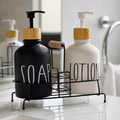 Set dispensador jabón y crema + sesta metálica